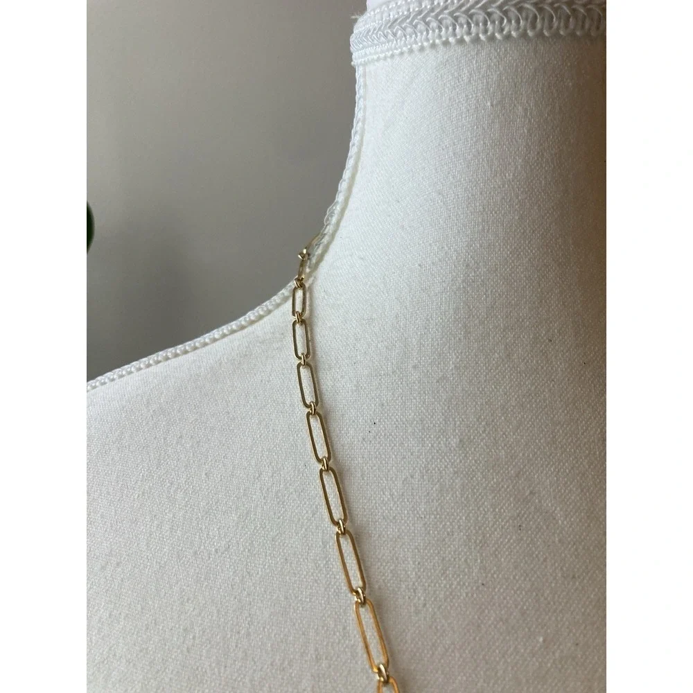 Gold Tone Asymmetrical Paperclip Curb Chain‎ Green Stone Teardrop Necklace